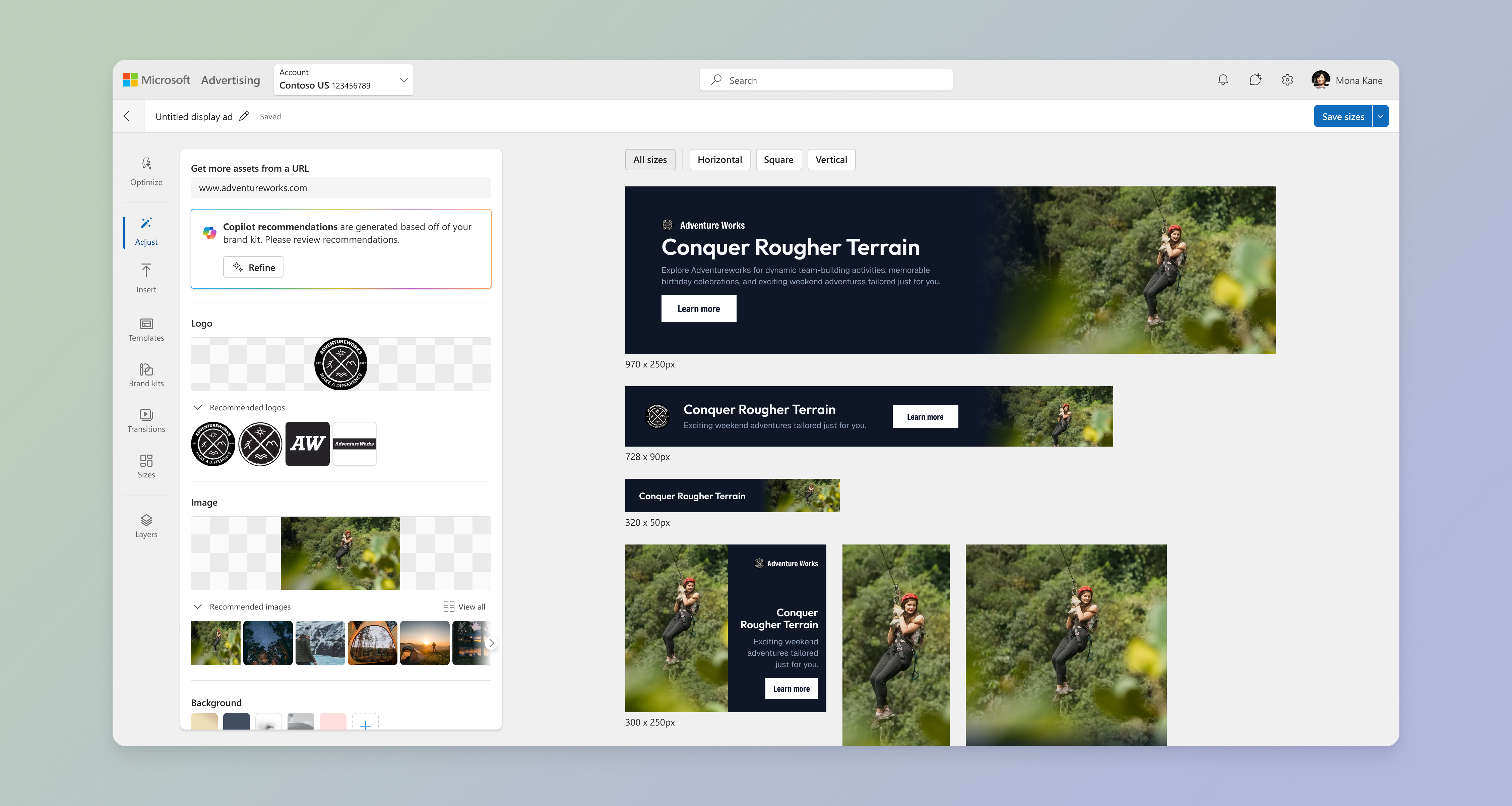 Microsoft Advertising creator tool interface showing the banner generation workflow. Left sidebar displays asset management with uploaded logo, recommended logo variations, source image, and recommended images. Right side shows generated banner previews in multiple sizes - 970x250px billboard, 728x90px leaderboard, 320x50px mobile banner, and 300x250px medium rectangle - all using the same Adventure Works brand assets with 'Conquer Rougher Terrain' messaging, demonstrating intelligent layout adaptation across formats.